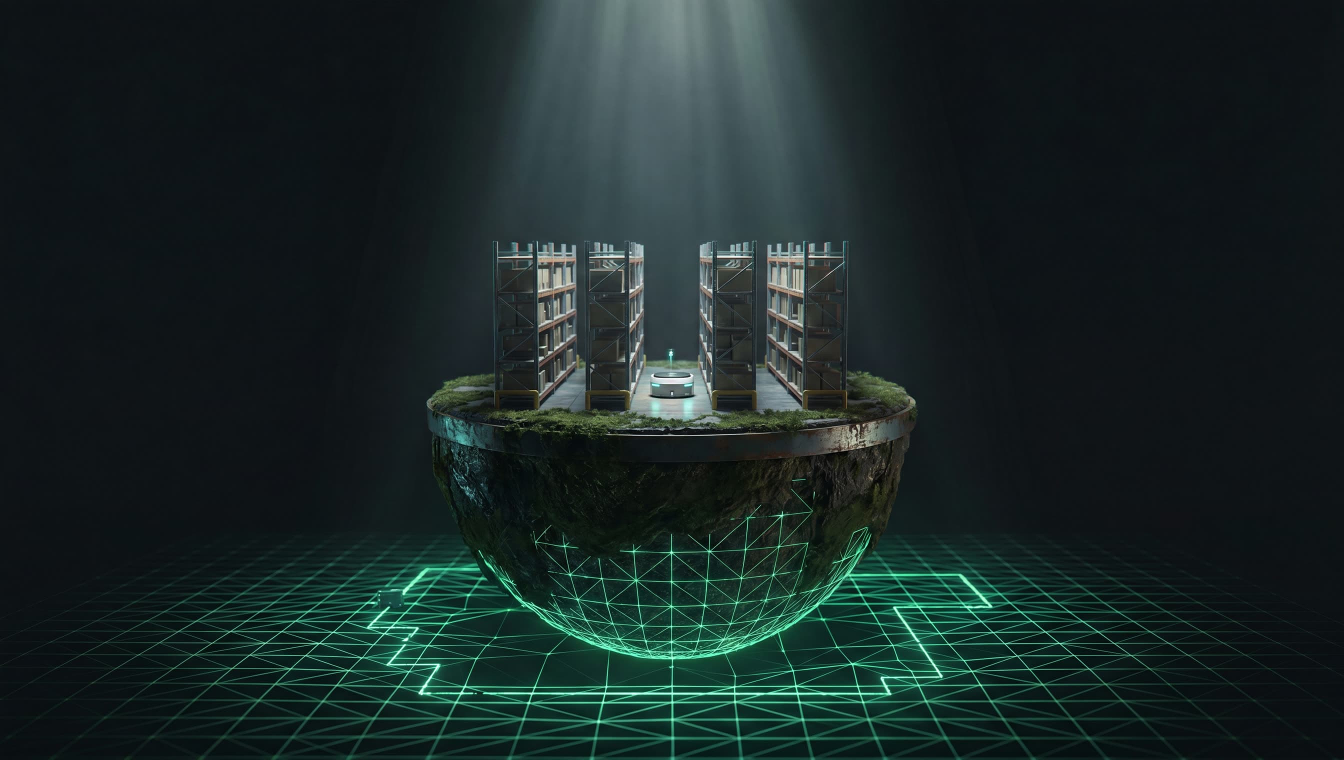 Miniature warehouse resting on a hemisphere whose underside is a glowing wireframe simulation grid